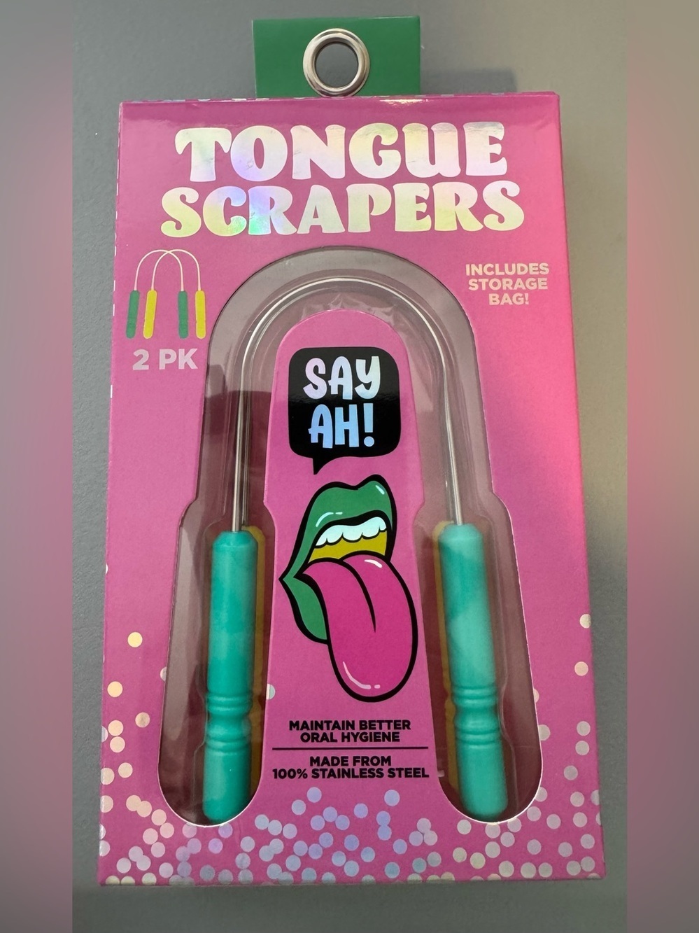 Say ah! Stainless steel teal and yellow Tongue Scrapers 2 pack with storage bag